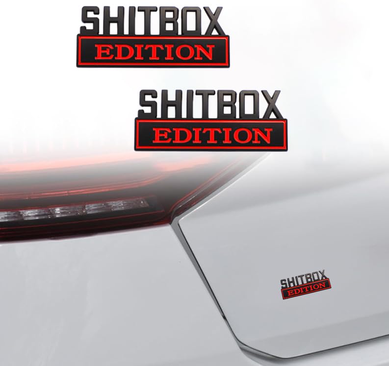 2 Pcs SHITBOX Edition Emblem Car Side Rear Front Hood Trunk Door Badge 3D Decal Sticker Fit for Car Truck SUV (SHITBOX, Black Re