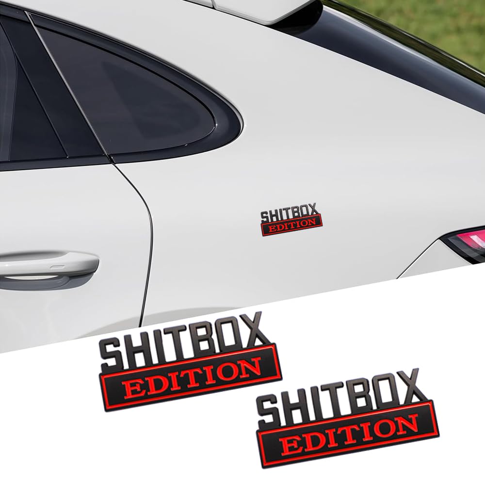 2 Pcs SHITBOX Edition Emblem Car Side Rear Front Hood Trunk Door Badge 3D Decal Sticker Fit for Car Truck SUV (SHITBOX, Black Re