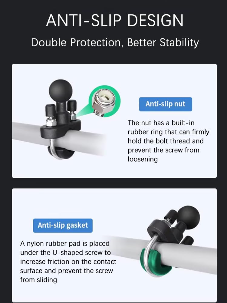 Strg 1'' Ball Handlebar U-Bolt Mount Base, Handblebar Mount for Round Rails 0.5'' to 1.26'' in Diameter, Compatible with RAM Mou