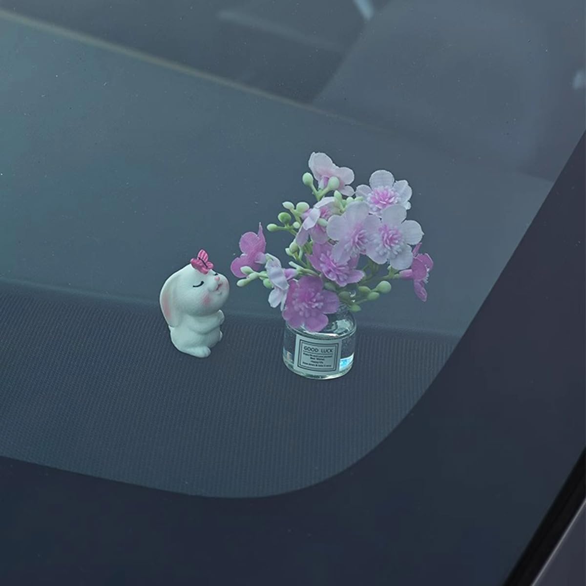 Generic Set Of 2 Cute Mini Bunny And Peach Blossom In Flower Vase Car Rearview Mirror Ornaments Funny Dashboard Decorations Kawa