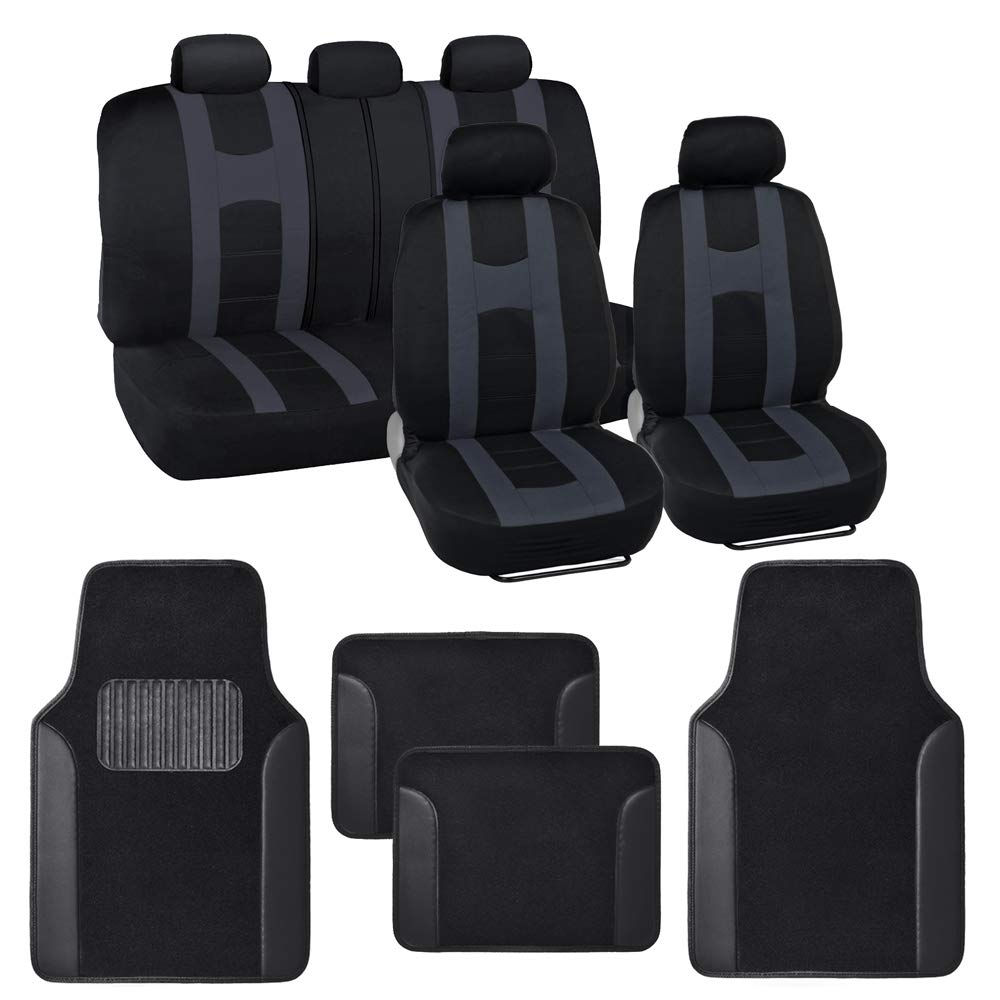 Carxs Forza Series Charcoal Gray Seat Covers Full Set Combo With Car Floor Mats - Front And Rear Bench Cover & Floor Mat Protect
