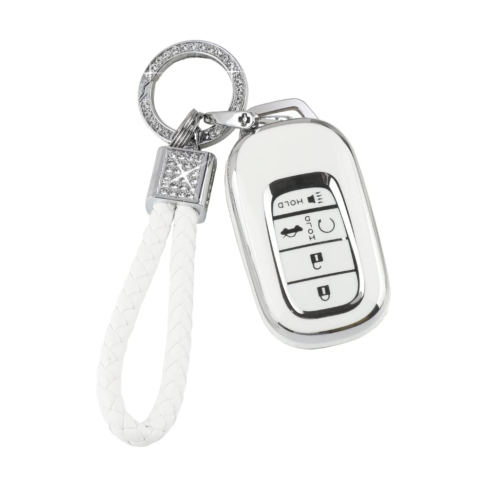 Pifoog Car Key Cover For Honda Civic 2022 Accessories Tpu Soft Keys Fob Shell Case 5 - Button Car Smart Keyless Entry Covers Glittering Keychain White Silver Girly Women