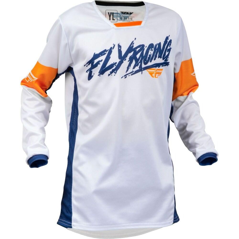 Fly Racing 2023 Kinetic Youth Khaos Jersey (White/Navy/Orange, Youth Large)