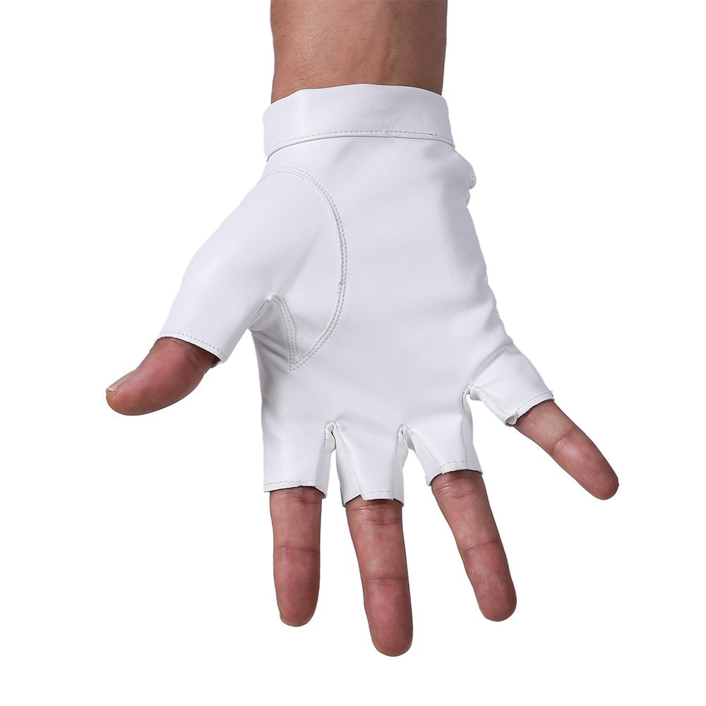 Jisen Men Pu Leather Punk Half Finger Snap Performance Gloves White