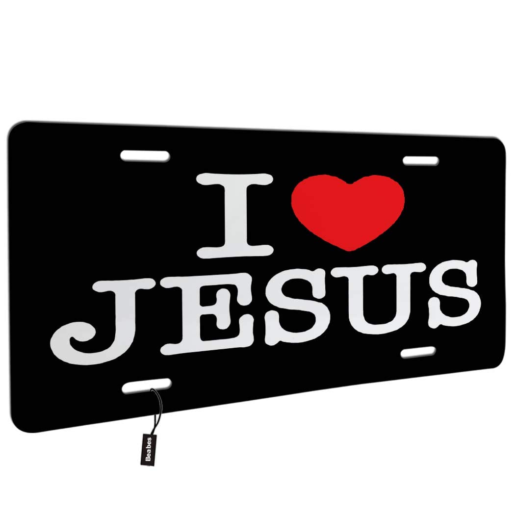 Beabes I Love Jesus Front License Plate,Christian Bible Verse Inspirational Quote With Red Heart White Red Black Decorative License Plates For Car,Novelty Auto Car Tag Vanity Plates 6X12 Inch