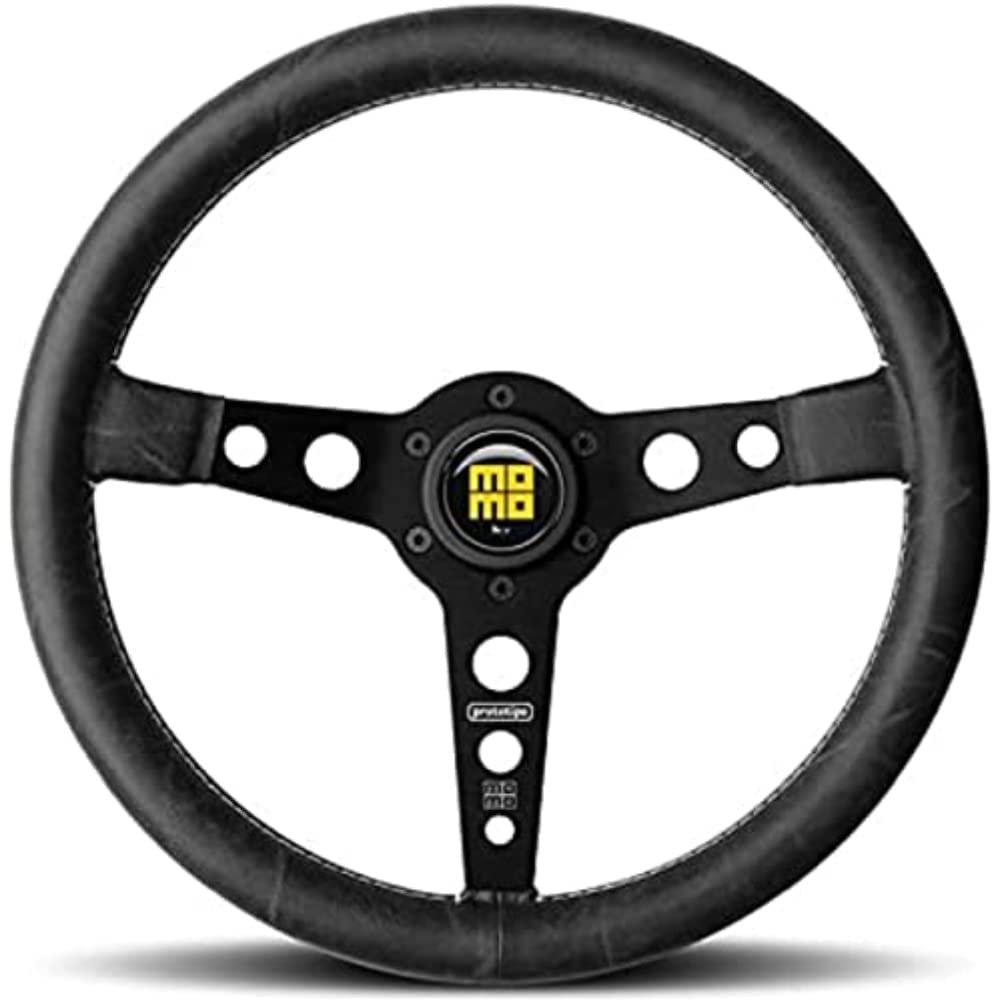 MOMO Motorsport Prototipo Heritage Steering Wheel Black Leather Grip Brushed Black Anodized Spoke White Stitch 350mm - PRH35BK2B