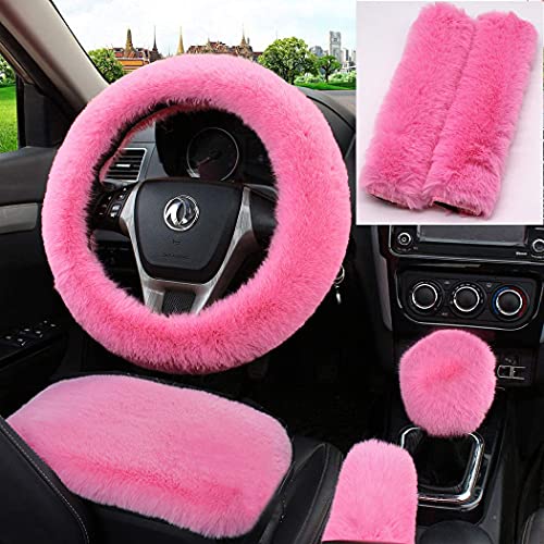 Pinbola 6Pcs/Set Soft Fluffy Faux Wool Steering Wheel Cover & Seatbelt Shoulder Pads & Handbrake Cover & Gear Shift Cover Winter