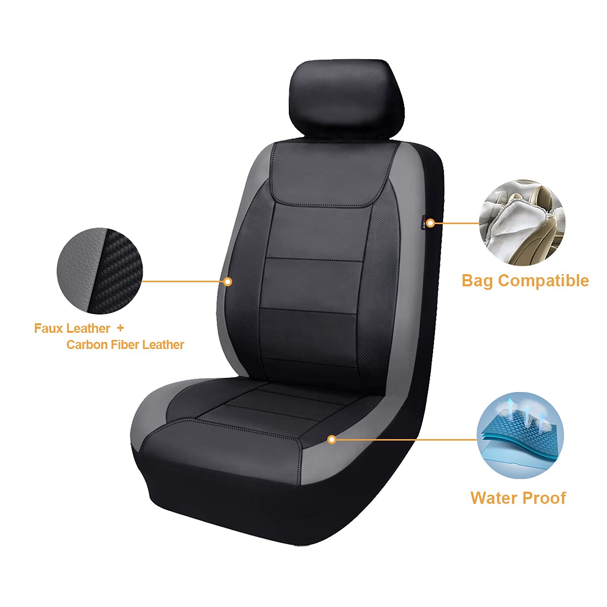 Flying Banner Car Seat Covers Protects Water Proof Faux Leather Carbon Fiber Front And Rear Bench (Gray Black, Full Set -- 9Pcs)