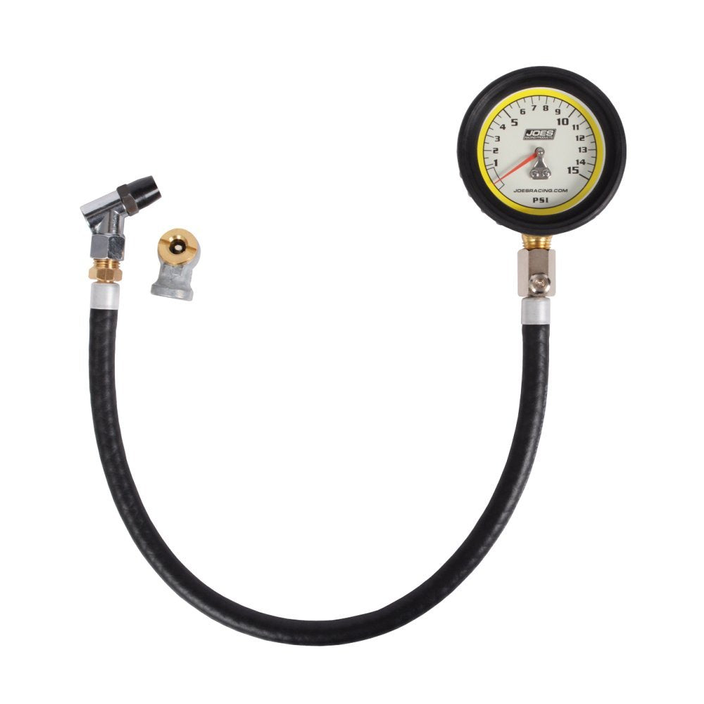 Joes Racing Products Tire Pressure Gauge, Pro Tire, Glow in The Dark, 0-15 psi, Analog, 2-1/2 in Diameter, White Face, 1/2 lb. I