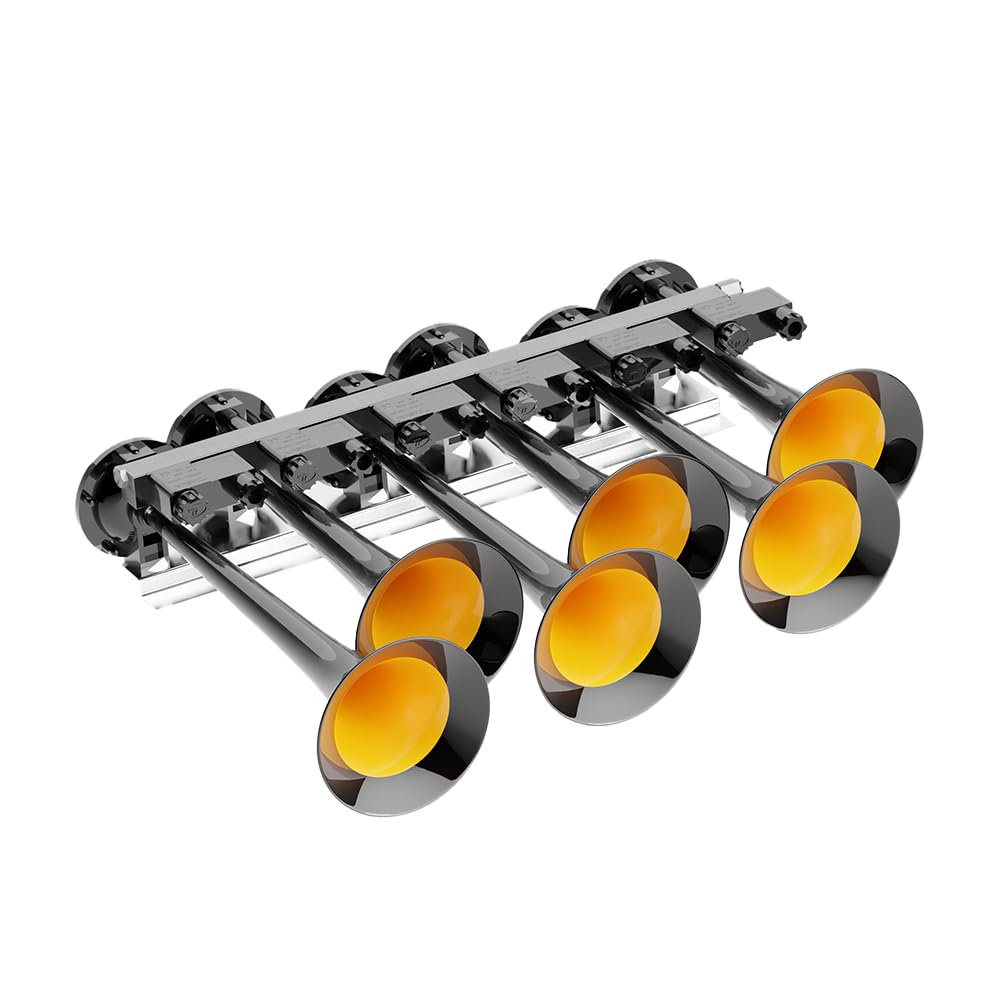 BASURI® Musical Air Horn - 12/24 Volt, 130 DB, Baby Shark 2.0, 6 Trumpets, Black & Yellow, Turbo Controller for Trucks & Buses