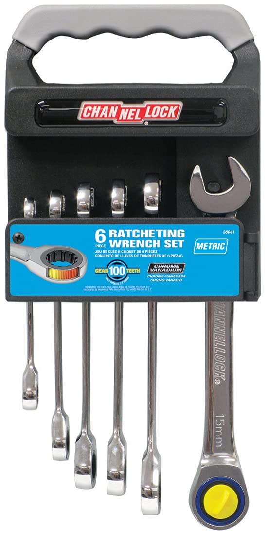 Channellock 38041 Ratcheting Wrench Set Metric On Rack, 6-Piece, Silver