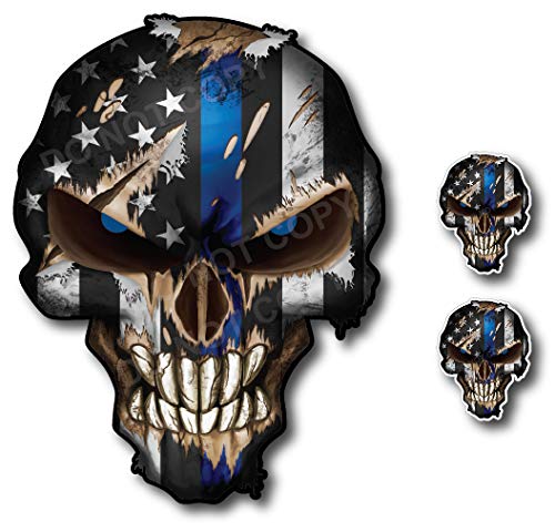 3 Pack Thin Blue LINE Skull American Flag Police Officer Blue Lives Matter Sniper Vinyl Decal Stickers Car Truck Sniper Marines Army Navy Military Graphic