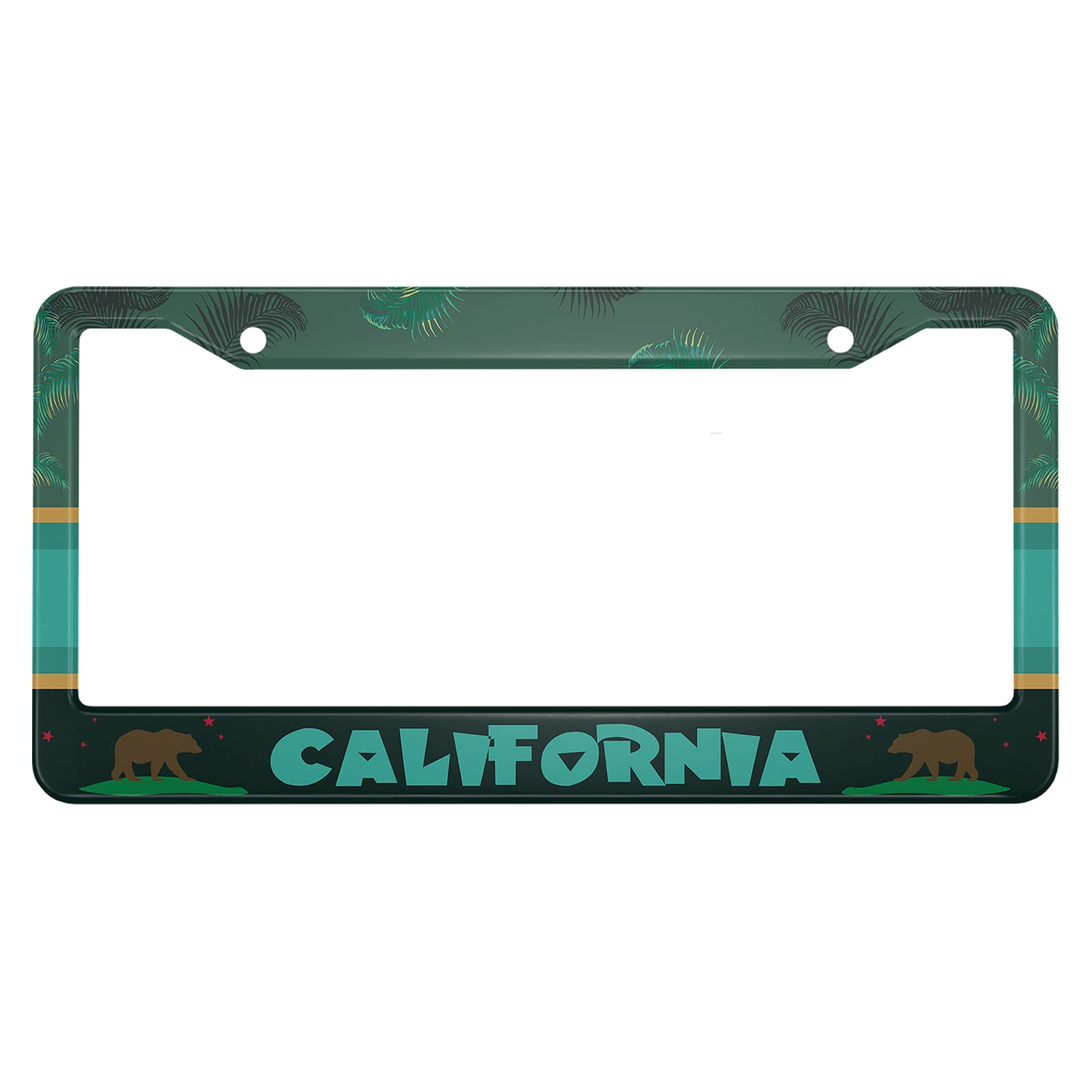 Ofloral California Aluminum Alloy License Plate Frame Beach Palm Tree Brown Bear Green Yellow Black Stripe Colorful Applicable T