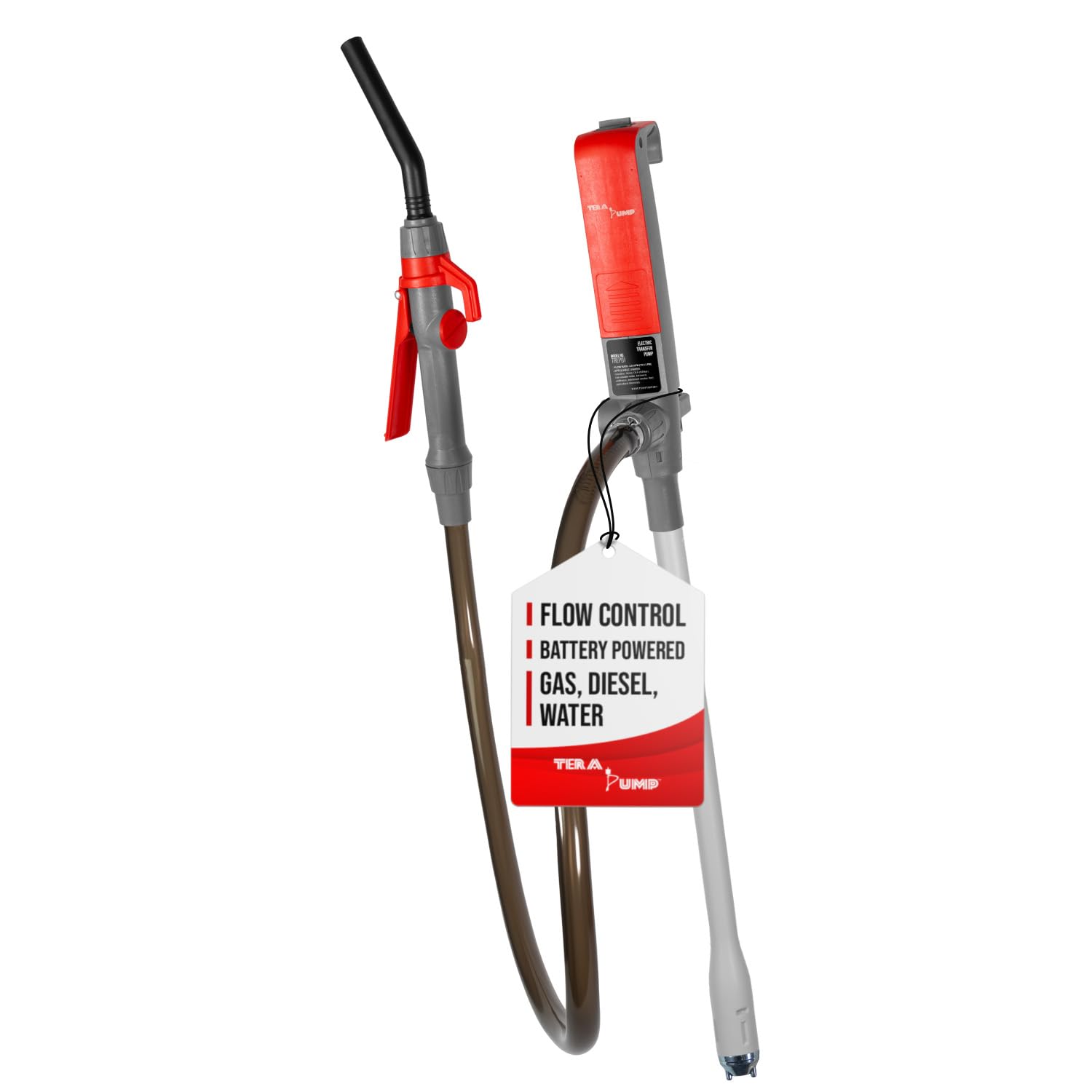TERA PUMP Fuel Transfer Pump w/Quick Flow Control Nozzle - 3X Powerful D Battery Powered, 39 Upgraded Vinyl Discharge Hose, Mu