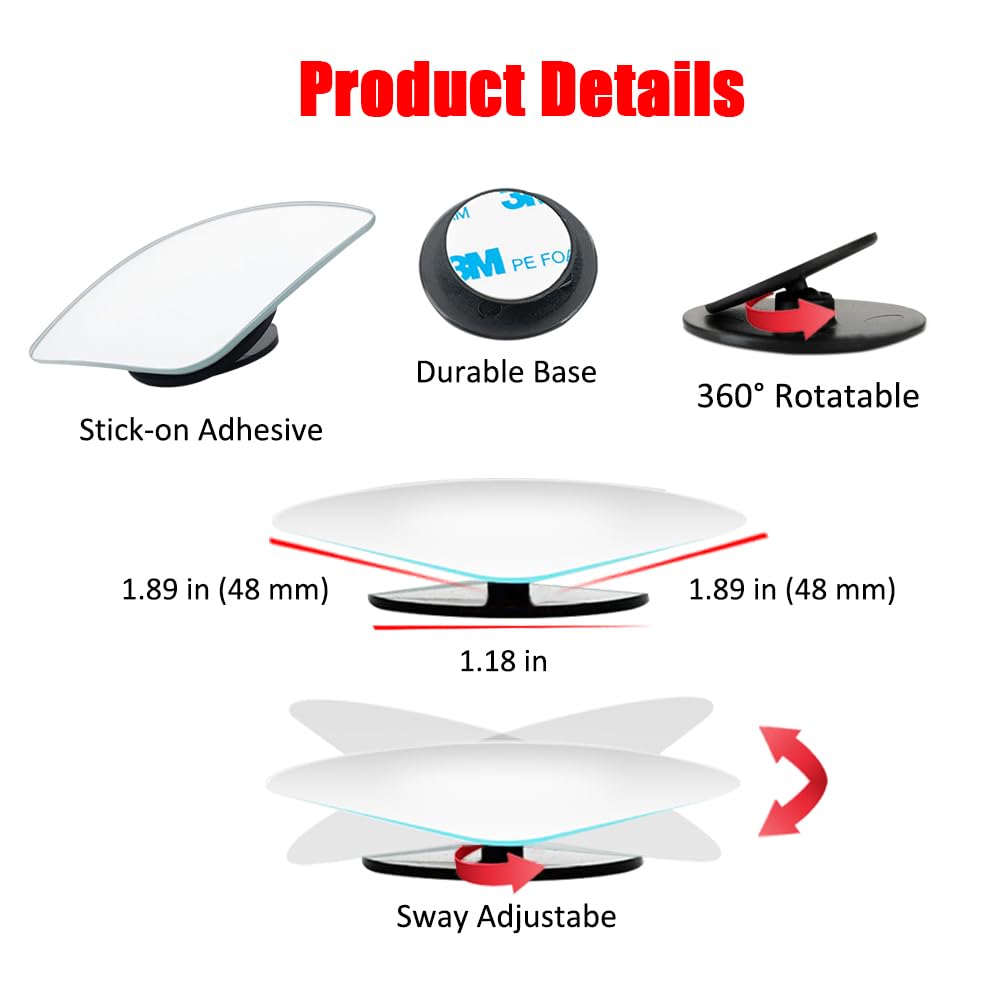 Ampper Fan Shaped Blind Spot Mirror, Hd Glass Frameless Stick On Adjustabe Few Convex Wide Angle Rear View Blind Spot Car Mirror