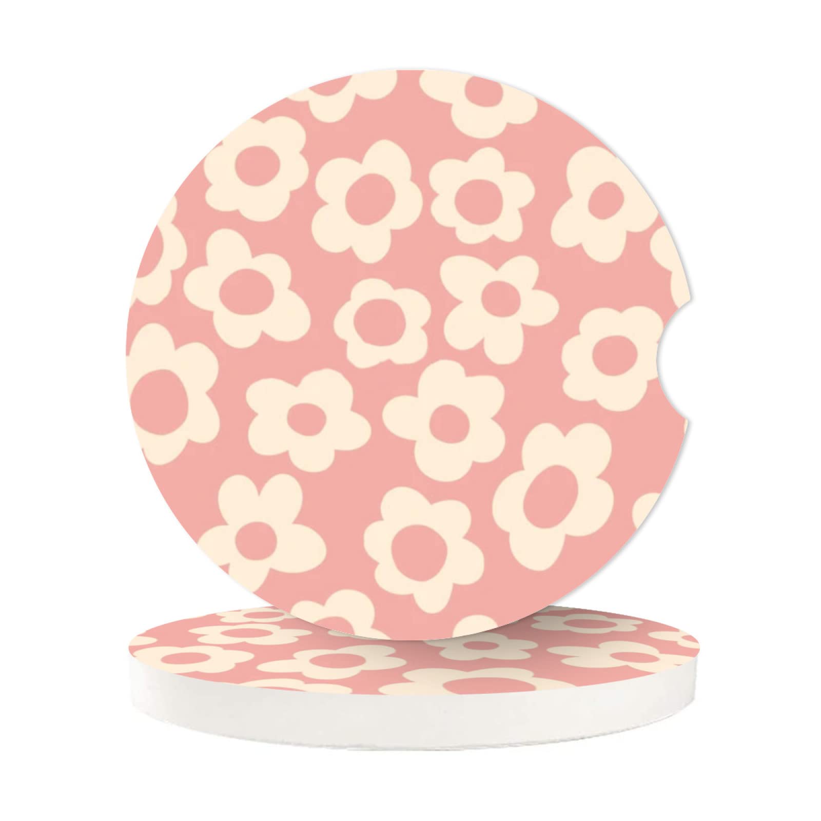 Abstract Pink Flower Absorbent Car Cup Coasters,Cup Holders,Cork Base Drink Coasters With Finger Notch For Easy Move Of Car Cup