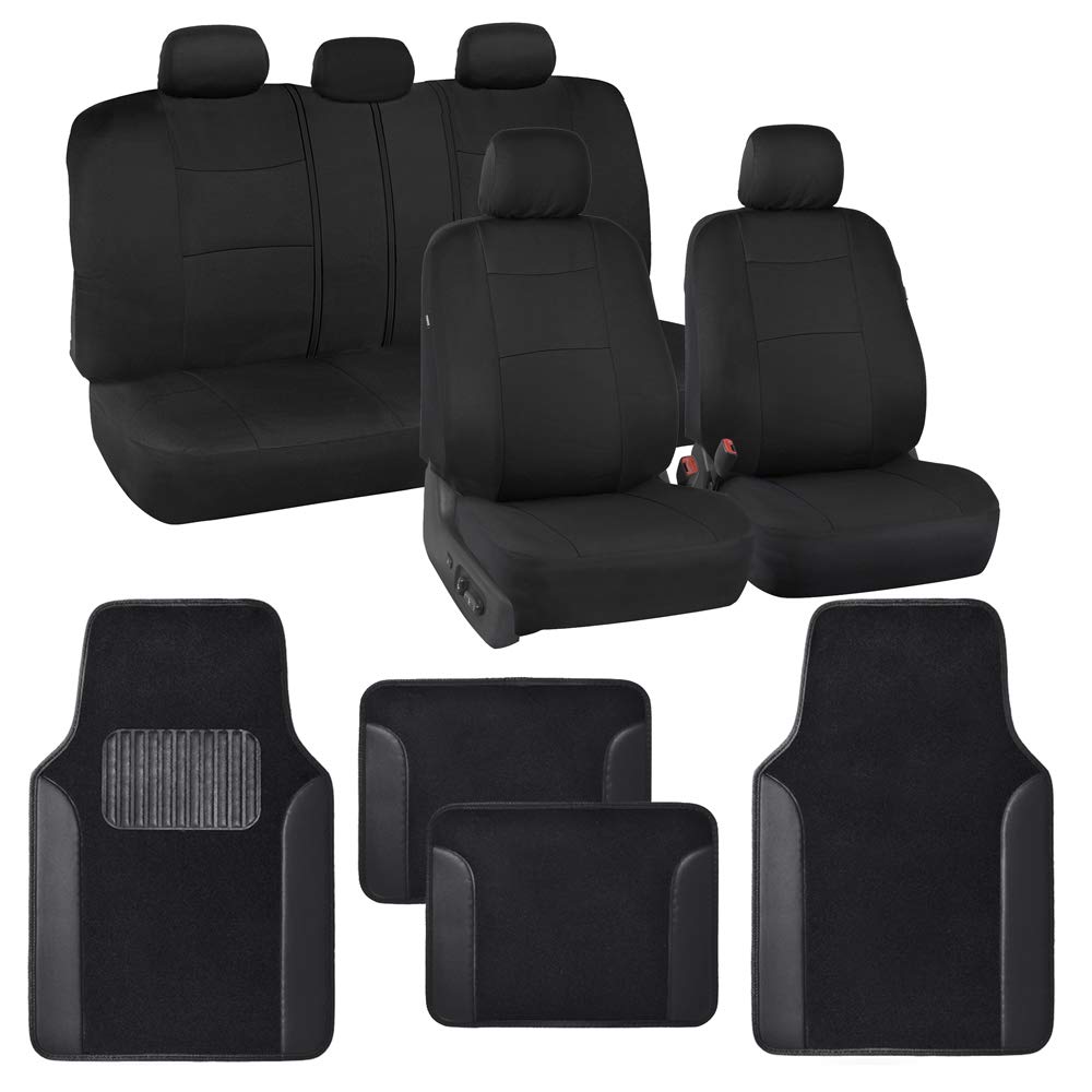 Bdk Polypro Black Car Seat Covers Full Set With Matching Carpet Floor Mats - Automotive Seat Covers For Cars Trucks Suv - Includ