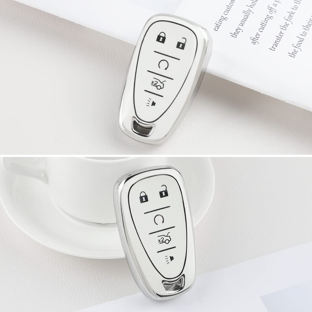 1797 Key Fob Cover Fit For Chevy Chevrolet Accessories Malibu Camaro Cruze Equinox Blazer Traverse Car Remote Case Shell Protector Men Women 5 Button White Silver Tpu
