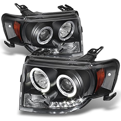 Akkon - For 2008-2012 Ford Escape Black Bezel Dual Halo Ring Led Design Halogen Type Projector Headlights Front Lamps Pair