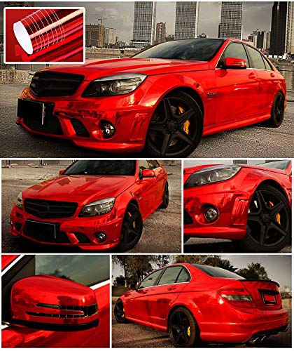 Lzlrun 1Ft X 5Ft Chrome Mirror Red Vinyl Wrap Adhesive Car Sticker Decal Film