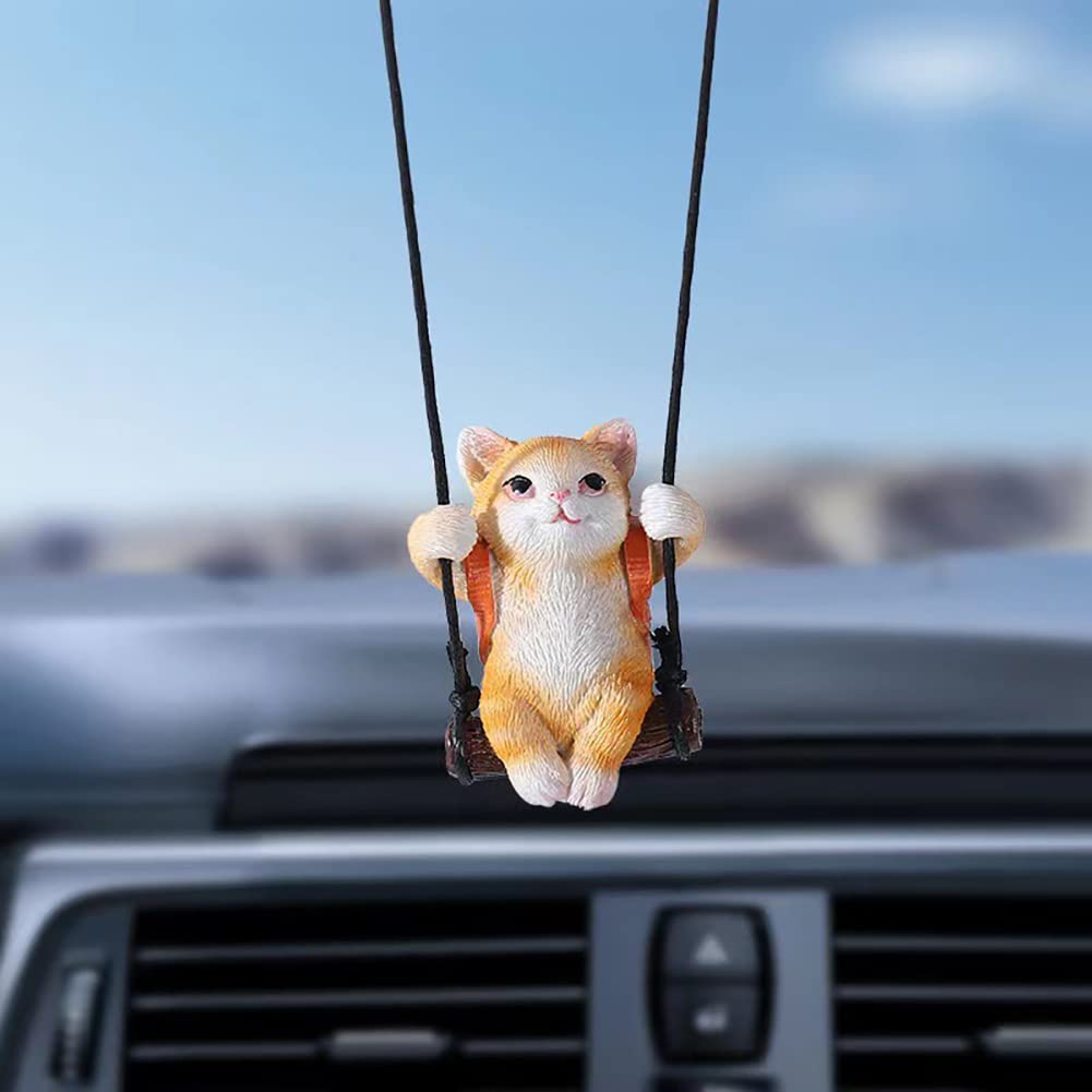 Amioro Cute Swinging Cat Car Mirror Hanging Accessories Fun Interior Rearview Mirrors Decoration (Orange Cat)