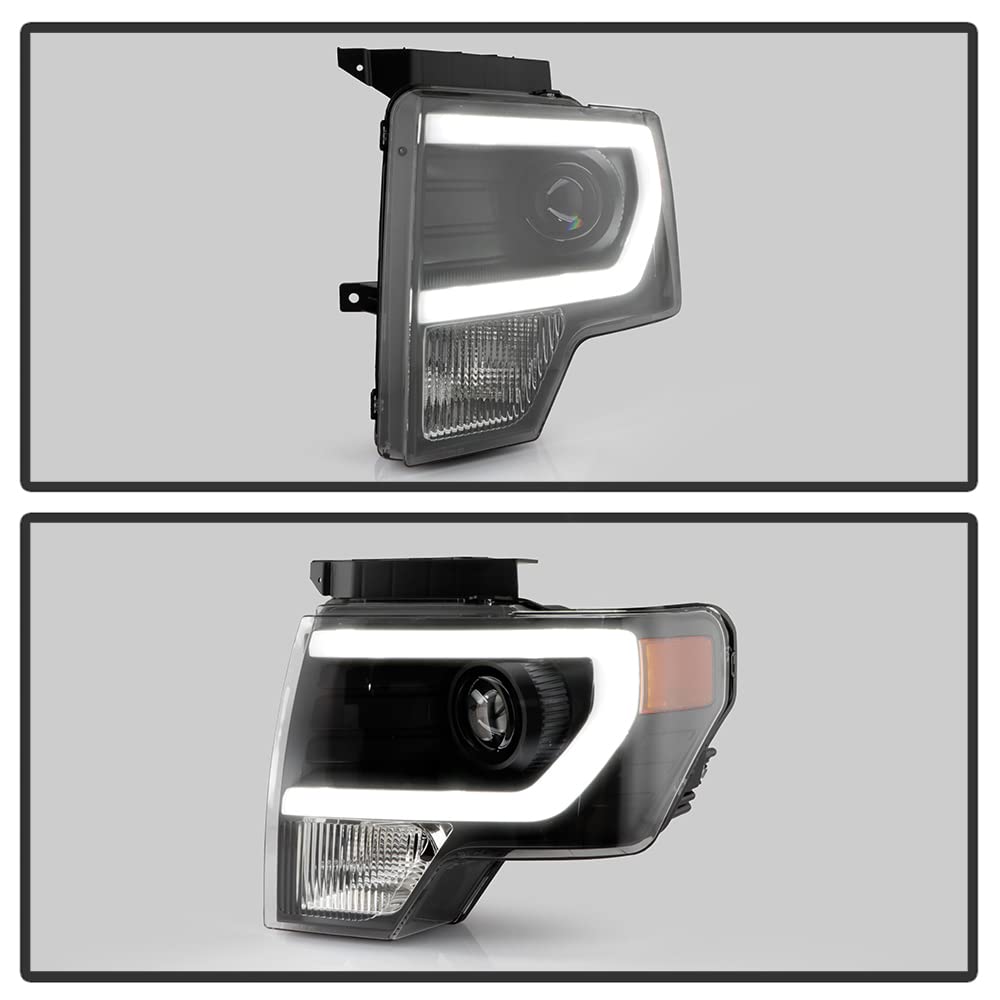 Acanii - Replacement For [Halogen Model] 2009-2014 Ford F150 Pickup Black Raptor Style Led Tube Projector Headlights Pair Left+R