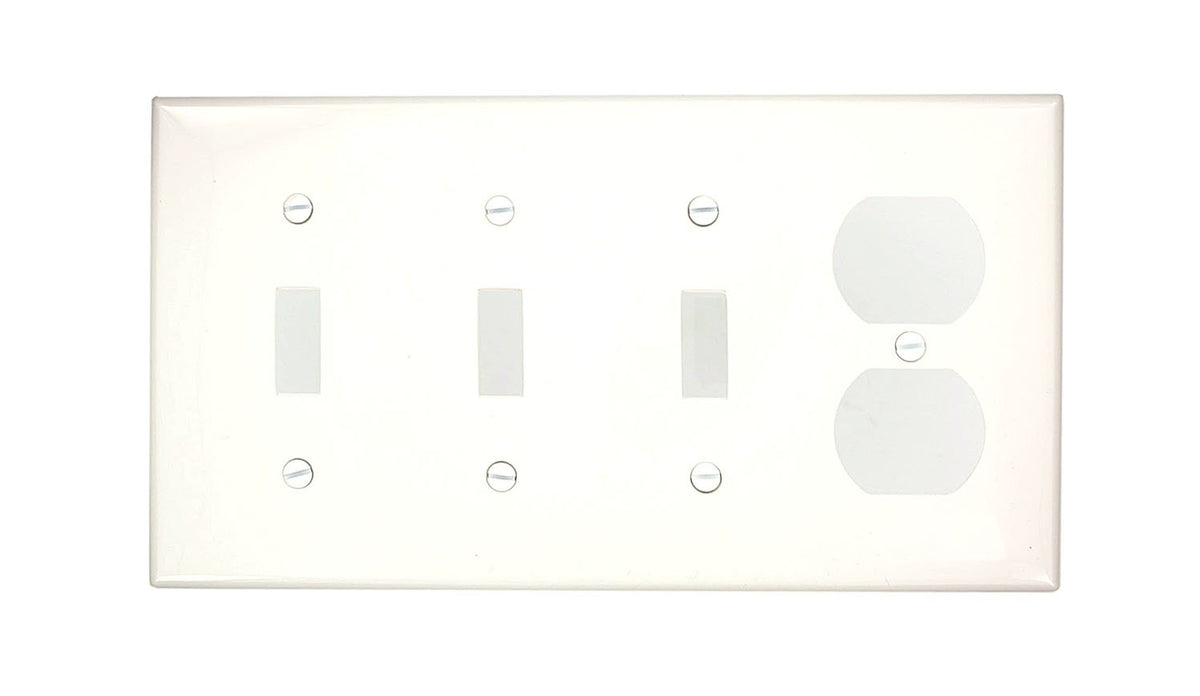 Leviton 80743-W 4-Gang 3-Toggle 1-Duplex Device Combination Wallplate, Thermoplastic Nylon, Device Mount, White