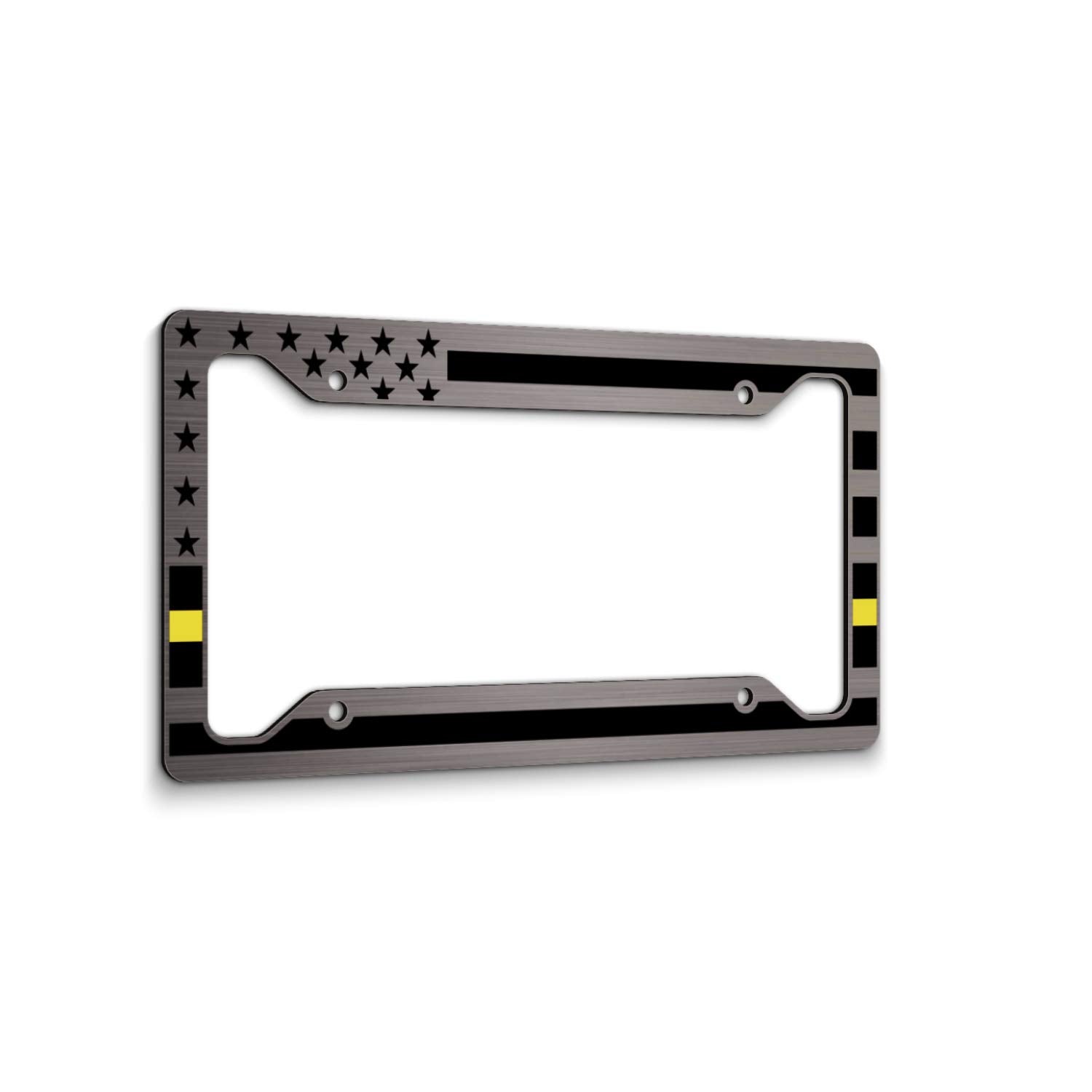 Jass Graphix American Flag License Plate Frame - Thin Yellow Line- Car Tag Frame -Yellow On Brushed Dispatchers Security Loss Prevention Tow Truck Drivers