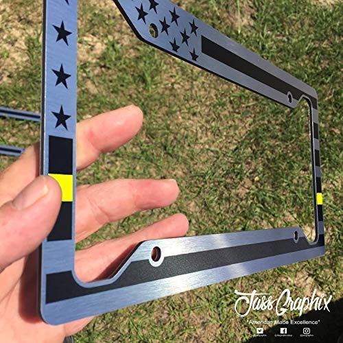 JASS GRAPHIX American Flag License Plate Frame - Thin Yellow Line - Brushed Aluminum Car Tag Frame for Tow Truck Drivers