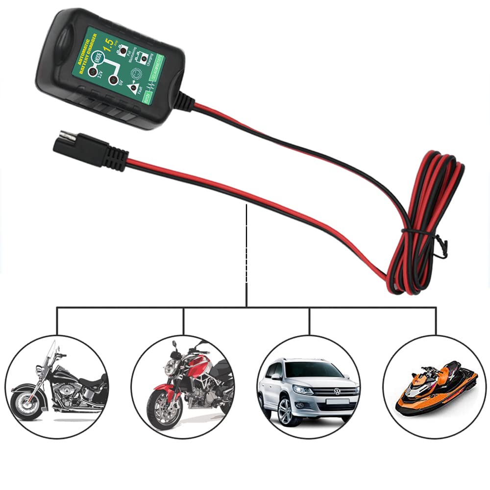 Unocho 6V 12V Battery Charger 1.5A Automatic Smart Charger Battery Maintainer Trickle ,Float Charger For Auto Car Motorcycle Lawn Mower Boat Snowmobile