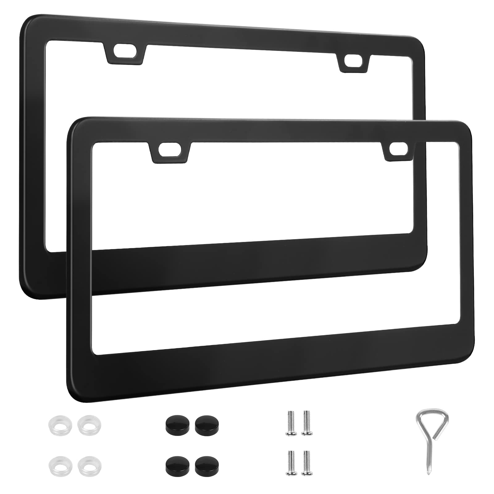 Quanqiufei 2 Pack License Plate Frames, Stainless Steel Car License Plate Cover Car Accessories With Screw Caps (Black)