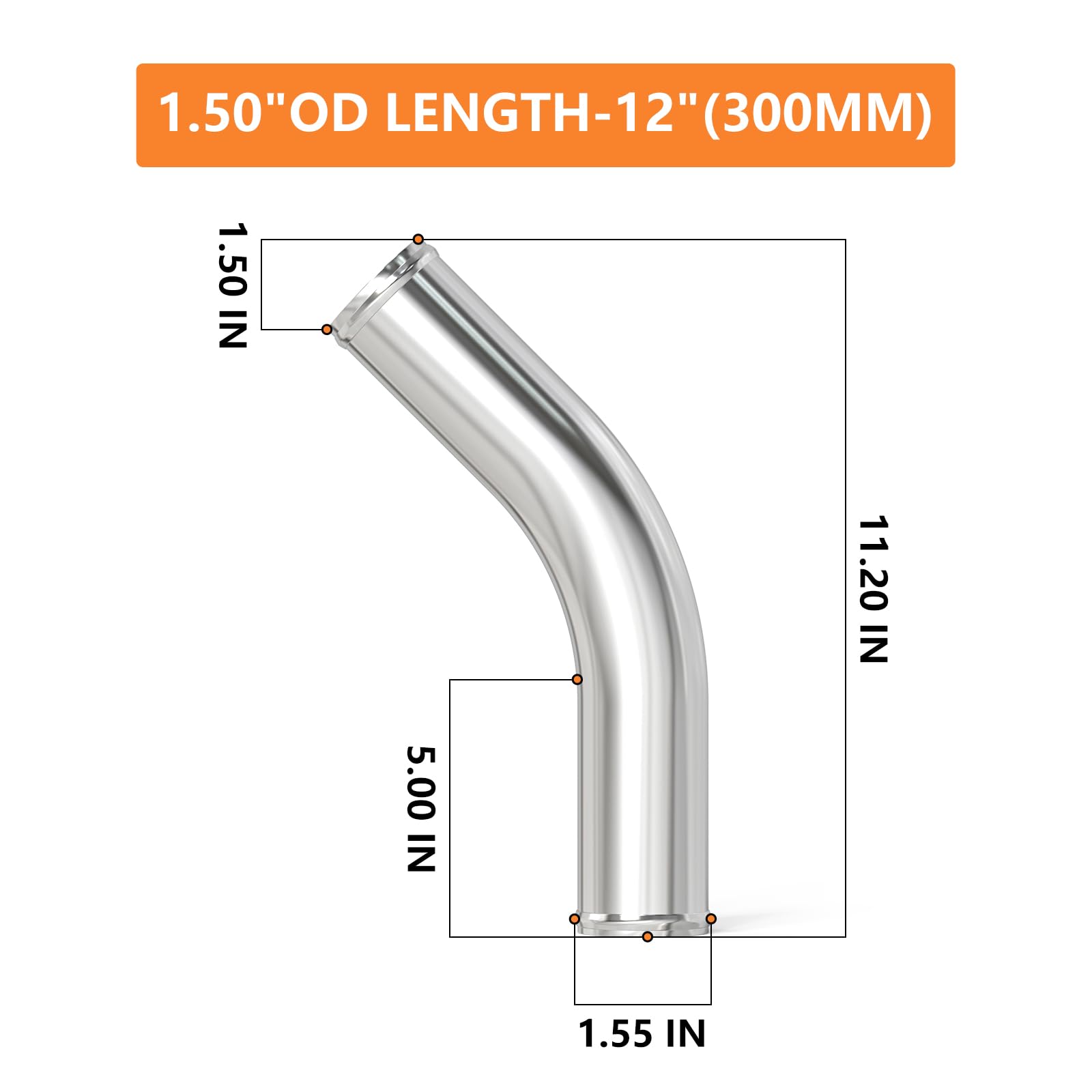Gasher 1Pcs 45 Degree Elbow Aluminum Alloy Tube 1.5''Od, Leg Length 12'' (300Mm) With Bead Roll, Intercooler Pipe For Intake And