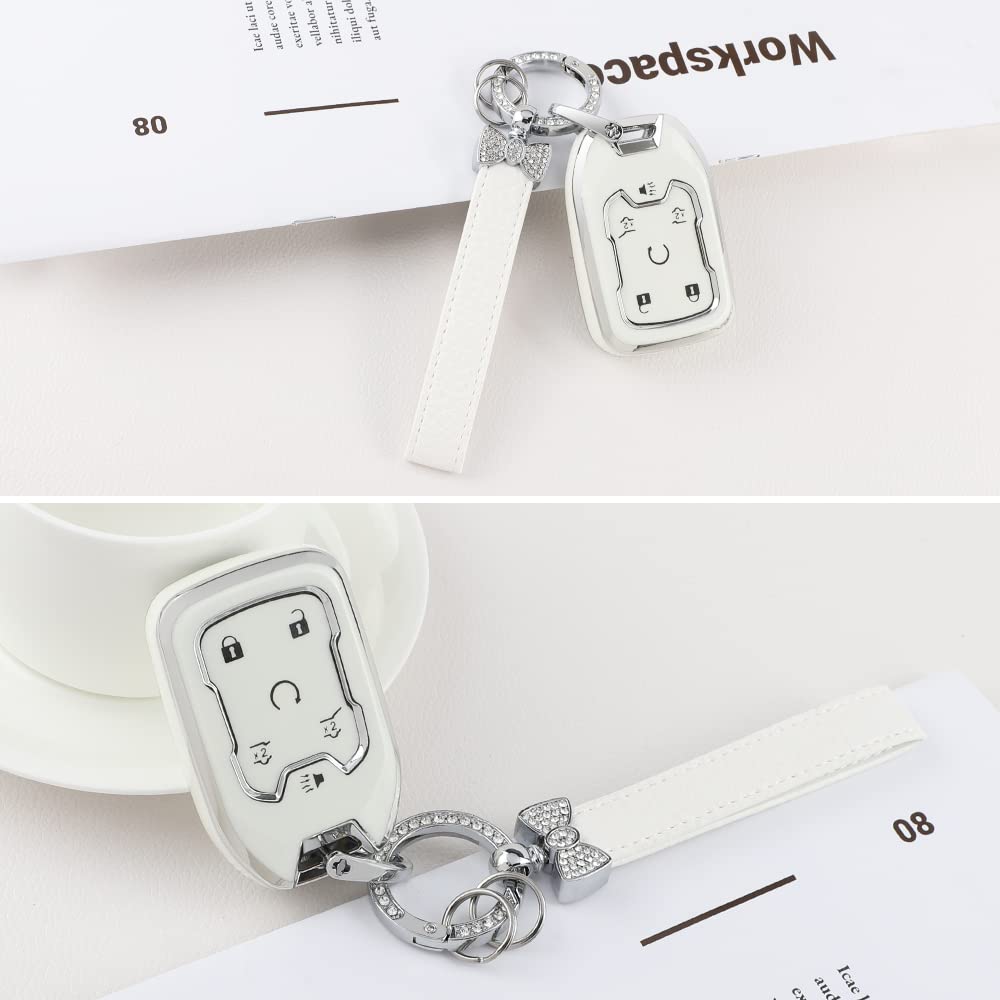 1797 Key Fob Cover For Chevy Chevrolet Tahoe Suburban Gmc Yukon Accessories Bling Car Remote Key Chain Case Shell Protector 6 Button Women Men White Silver Tpu