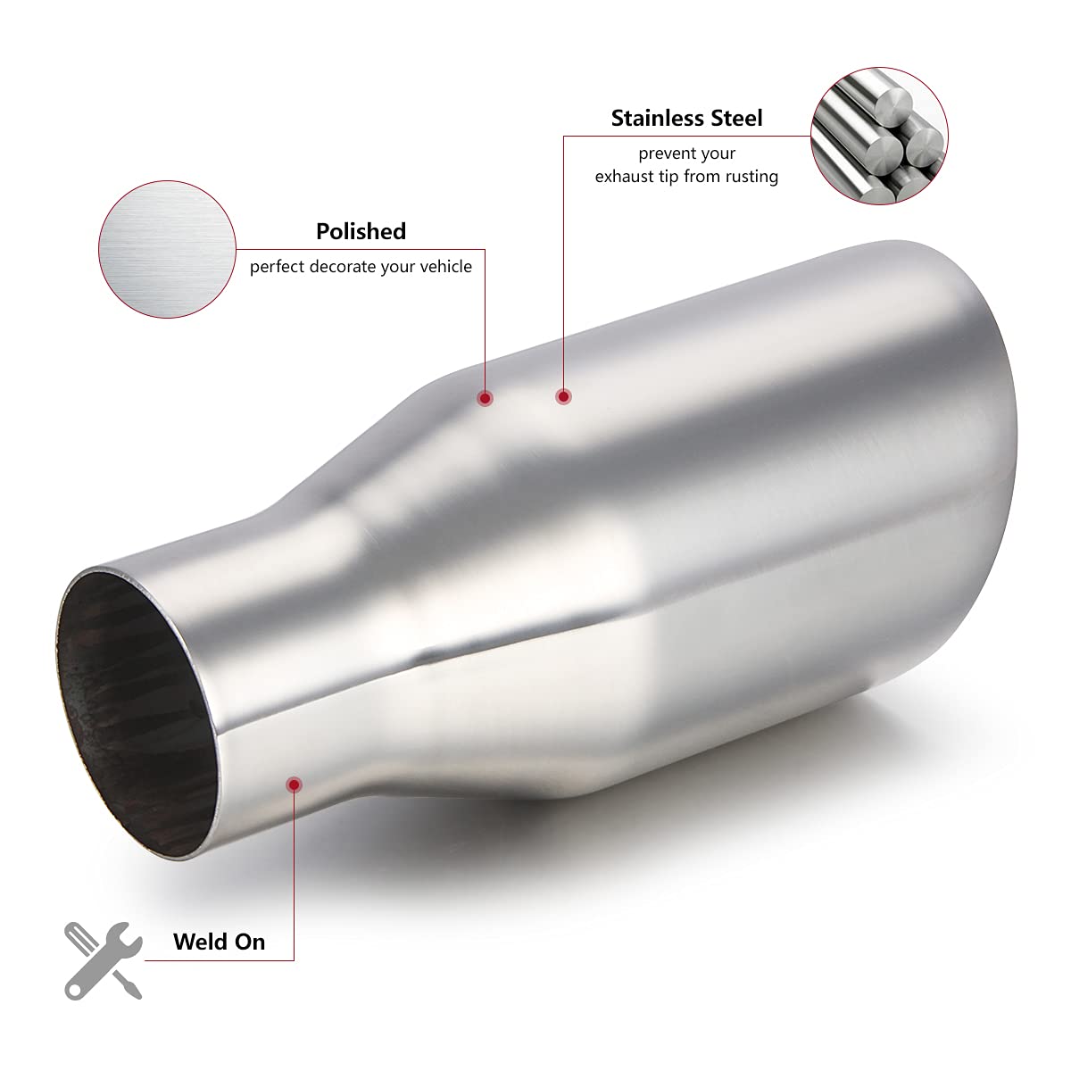 Lcgp 2.5'' Inlet Universal Diesel Exhaust Tip 4'' Outlet 09'' Long Tail Tip, Polished & Double Wall Angle Cut, 304 Stainless Ste