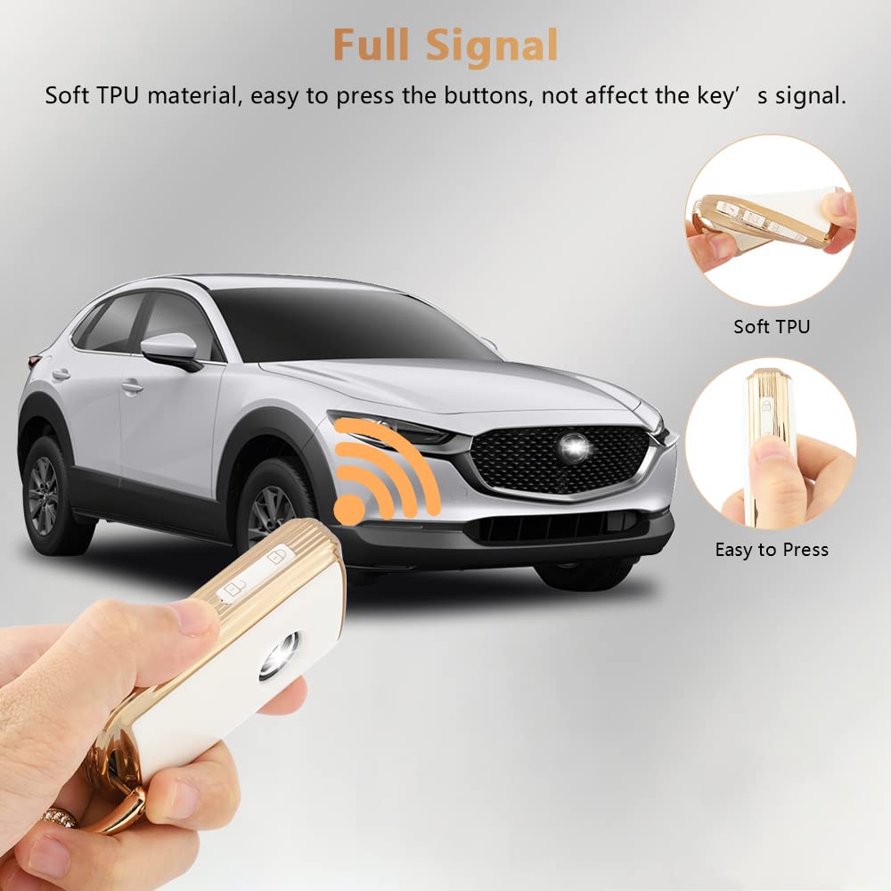 Pifoog Key Fob Cover For Mazda 4 Buttons White Gold Tpu Car Keys Case Shell Protector Bling Keychain Ring For Mazda 3 6 Cx5 Cx9