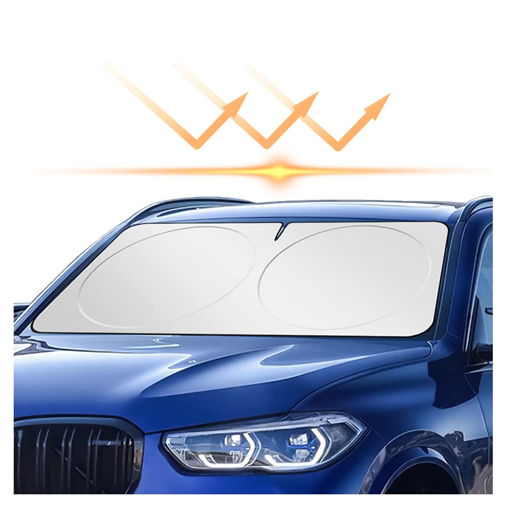 Foldable Sunshade for Car Windshield with Mirrors Cut-Out Design,99% UV Heat Shield Reflector Automotive Glass Cover,Keeps Cool 