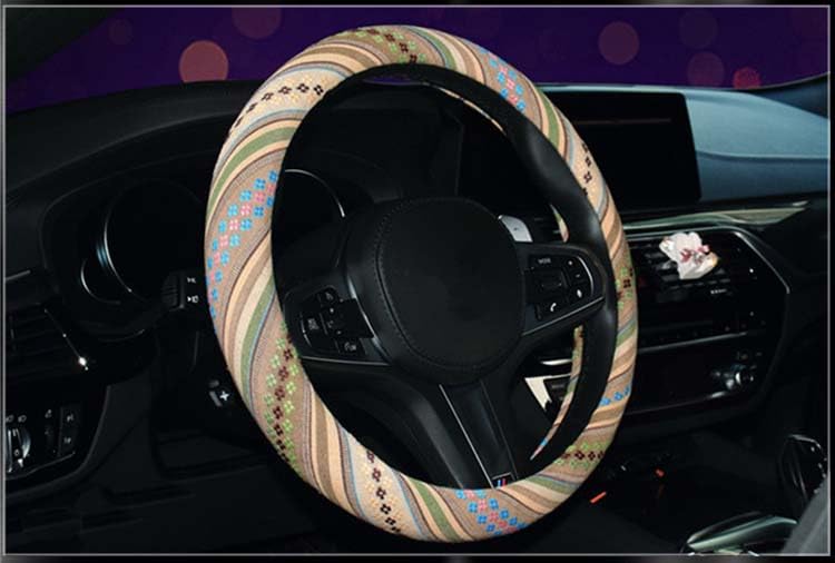 Istn Ethnic Style Coarse Flax Cloth Automotive Steering Wheel Cover Anti Slip And Sweat Absorption Auto Car Wrap Cover (L, 14.5'