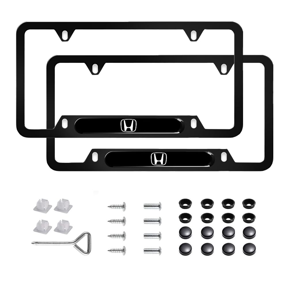 2 Pack Aluminum Alloy License Plate Cover Front Metal For Honda License Plate Frames With Chrome Screw Caps & 2 Holes (Car09)