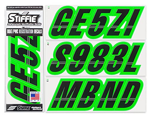 Stiffie Techtron Black/Electric Green 3'' Alpha-Numeric Registration Identification Numbers Stickers Decals For Boats & Personal