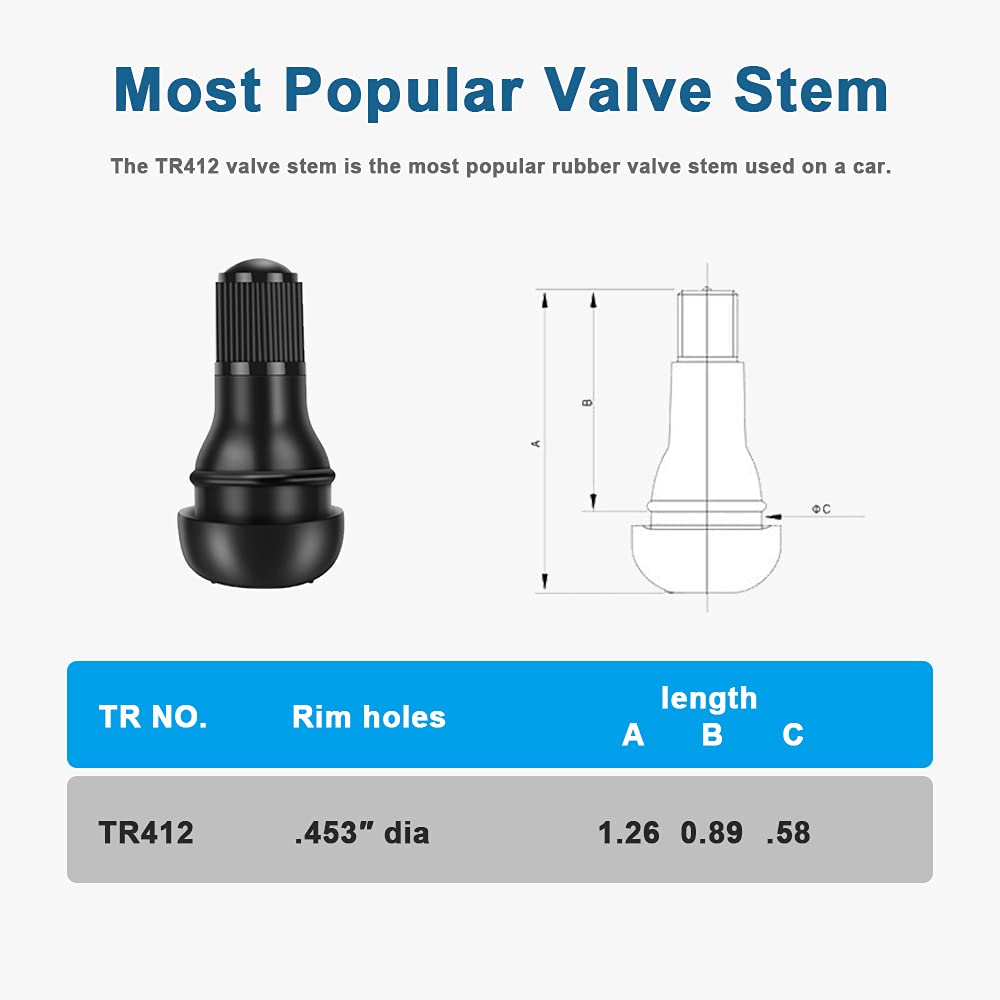 Riseuvo 5pcs TR412 Tire Valve Stem - Rubber Snap-in Valves, Tubeless Valve Stems Suit for 0.453 inch Rim Holes on Standard Vehic
