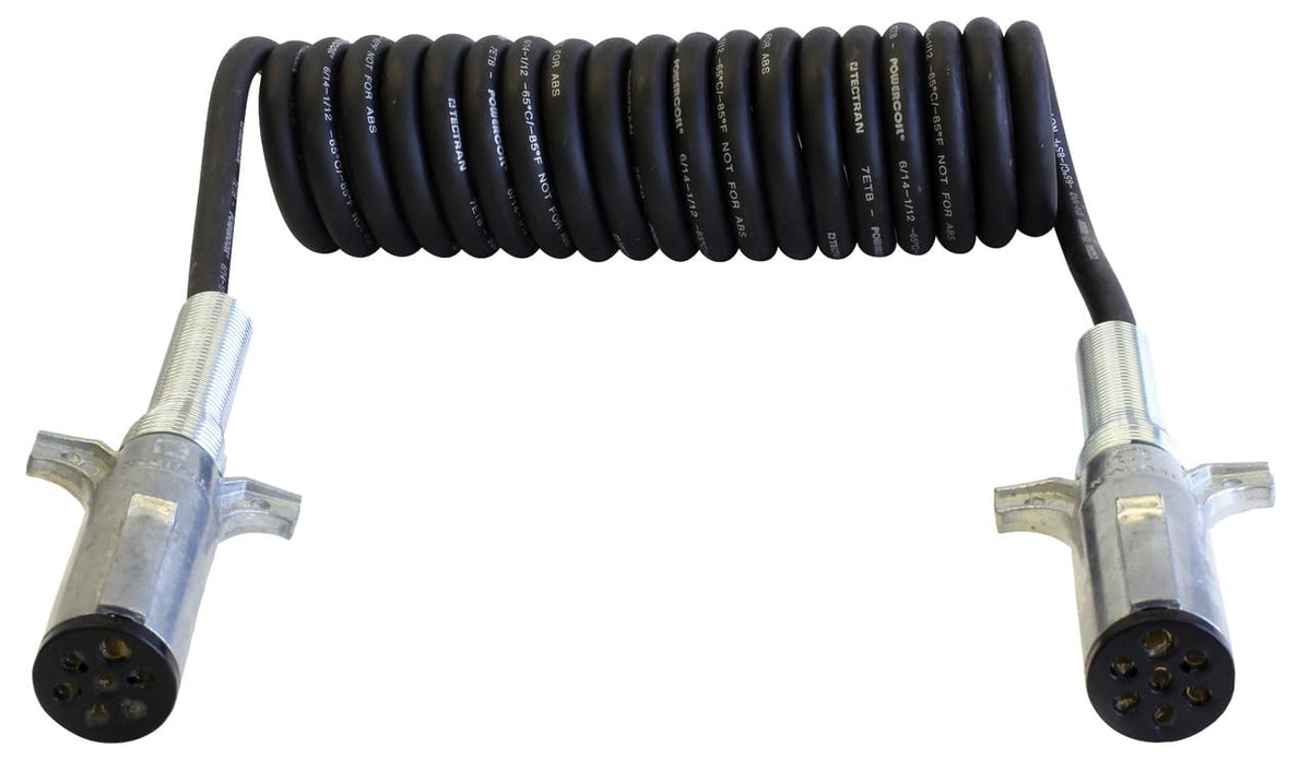Tectran 7-Way Light Duty Powercoil | 6/14-1/12 Gauge | Die-Cast Plugs W/Spring Guards | 12' Trailer Lead | Black | (12' Length X 12' Tractor Lead)