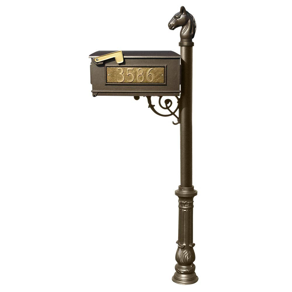 QualArc Equine Mailbox with Address Plate Ornate Base and Post, BRONZE