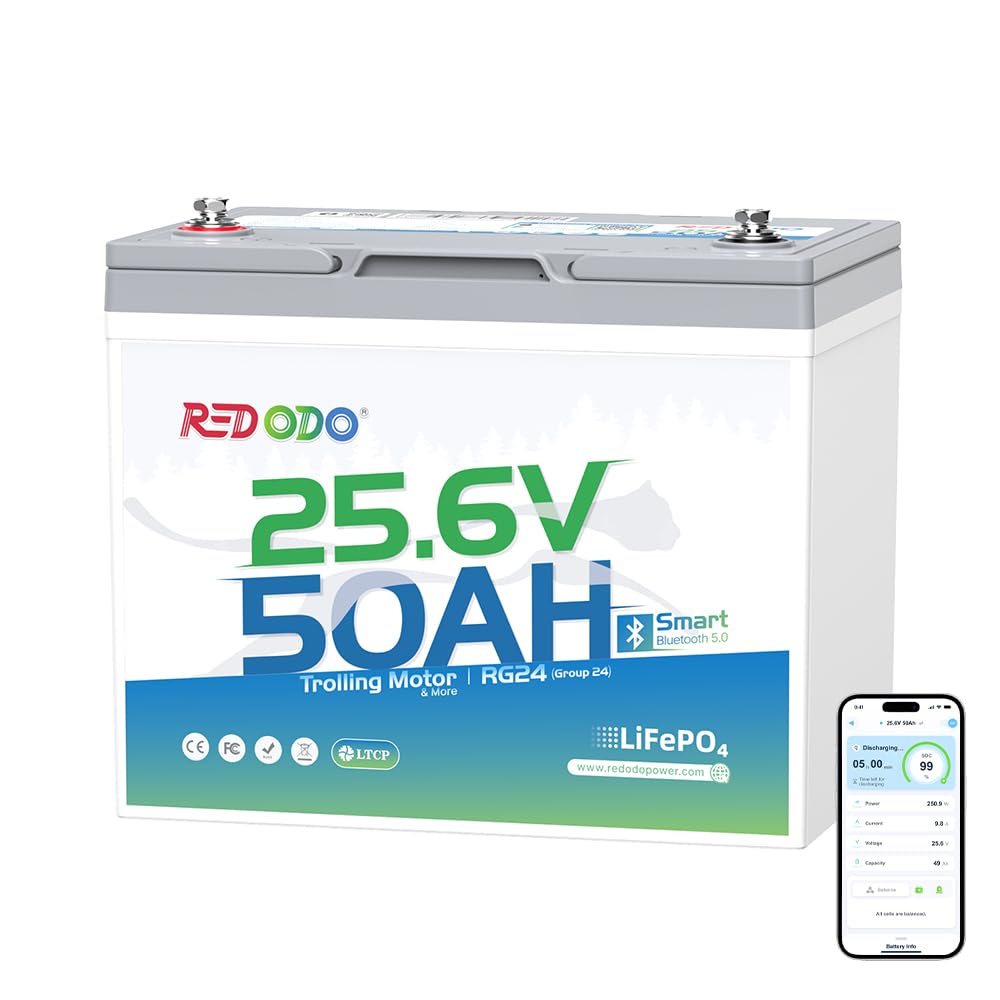 Redodo Bluetooth 24V 50Ah TM Low-Temp LiFePO4 Battery, Smart Lithium Battery Built in 50Ah BMS, 10 Years Lifespan, Perfect for T