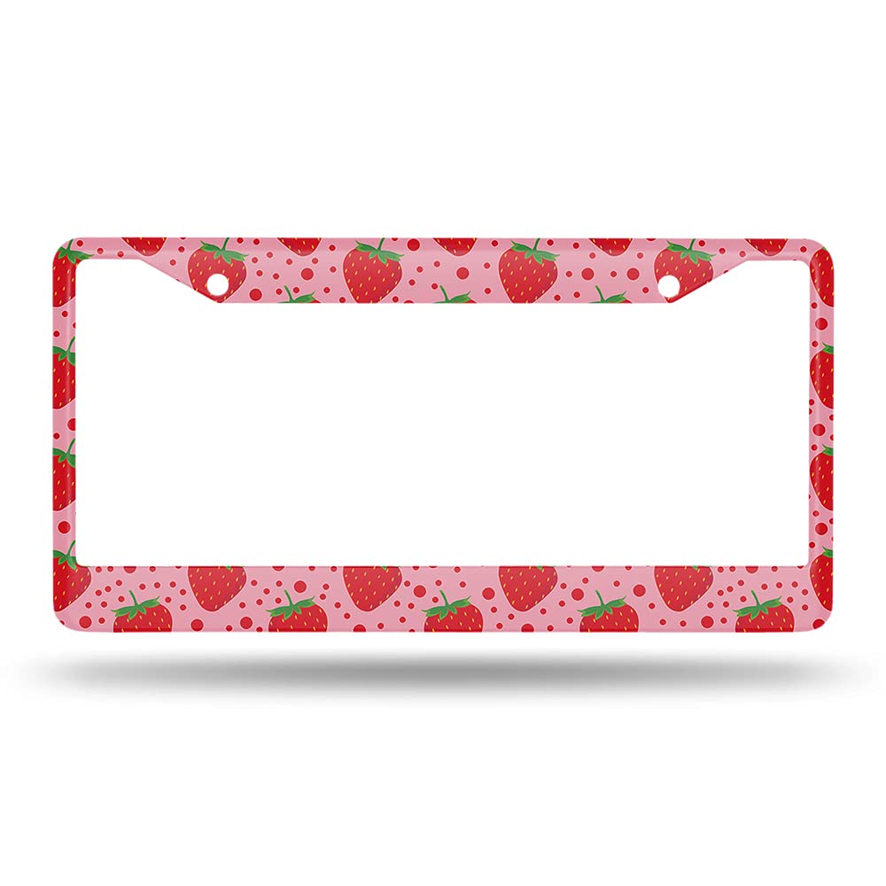 Beabes Cute Strawberry Pattern Fruit Pink License Plate Holder Polka Dots Red Frame License Plate Cover Car Accessories 2 Holes