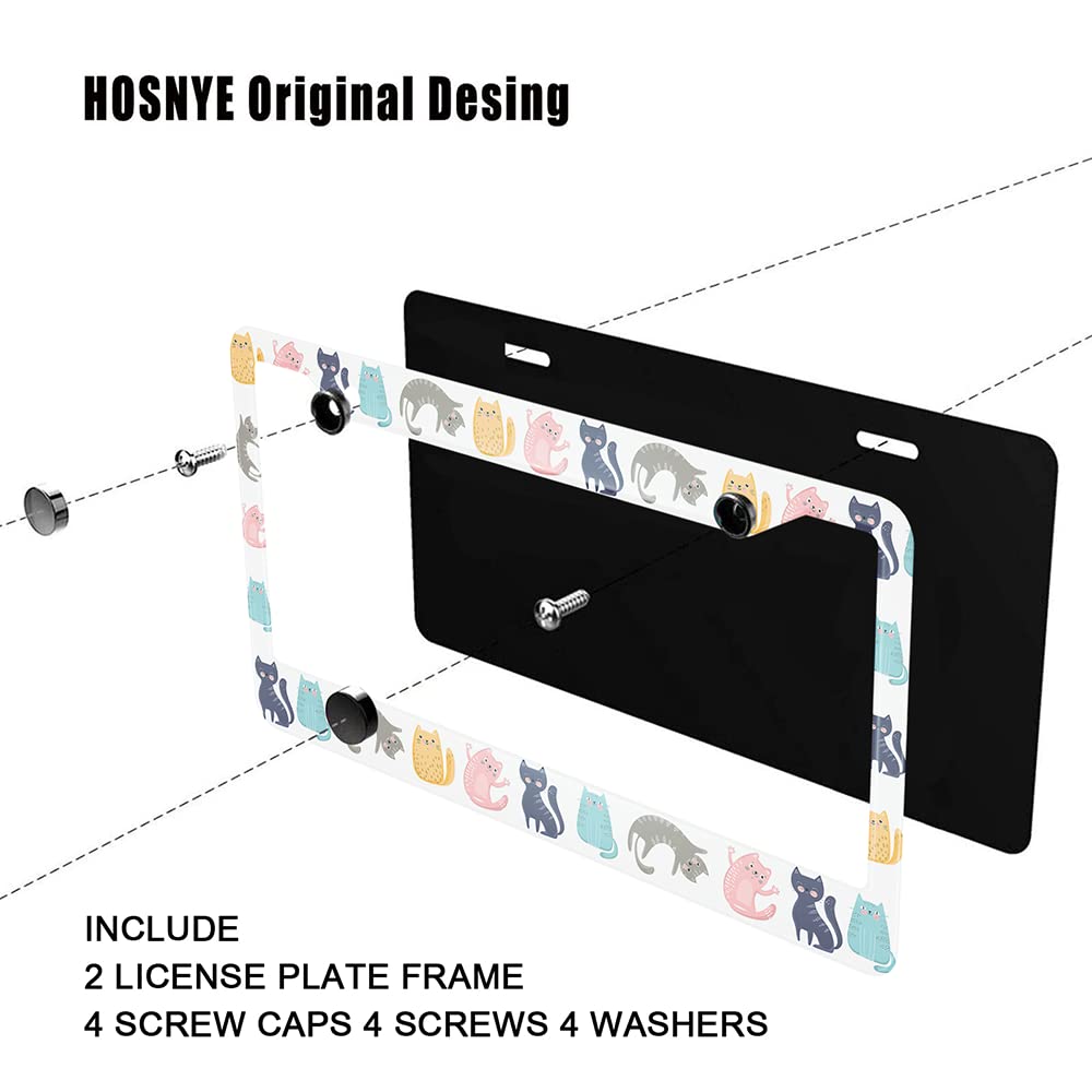 HOSNYE Cute Colorful Cartoon Cats License Plate Frame Casual Sport Cat Metal 2 Pcs 2 Holes Black Licenses Plates Frames Front Li