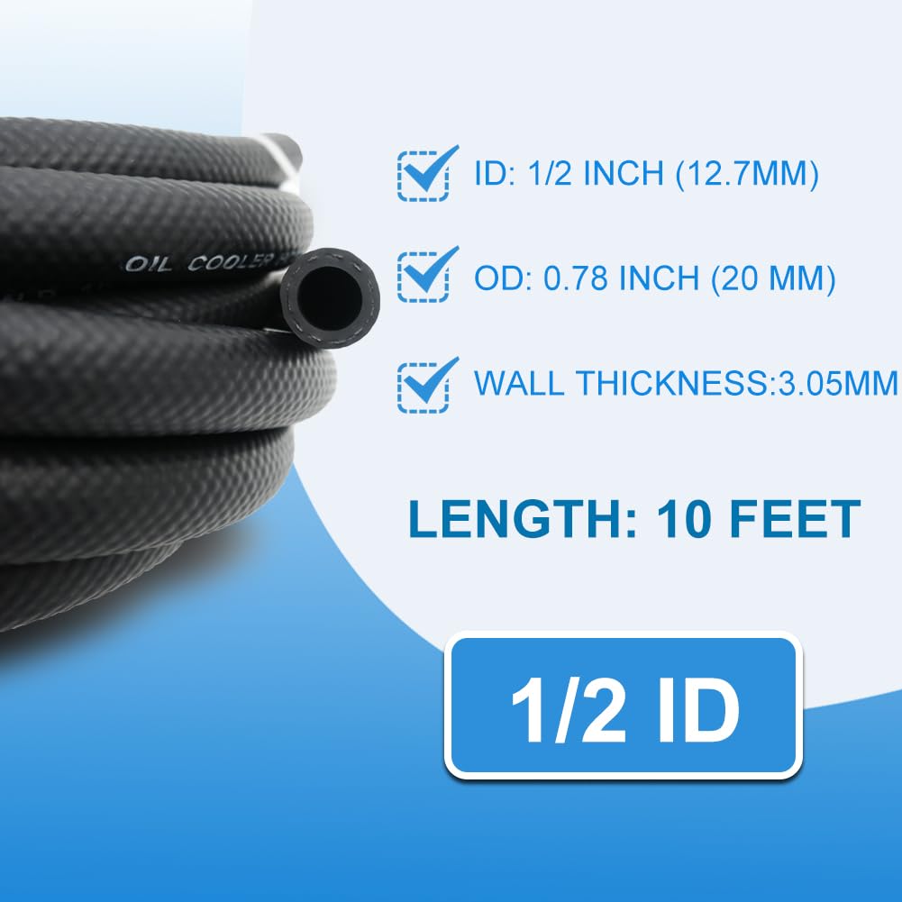 1/2'' Transmission Oil Cooler Hose 10FT - SAE J1532 Certified, 300PSI High Pressure, Includes 10 Clamps for Leak-Free Fit (-40F