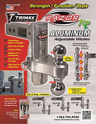TRIMAX TRZ4ALRP 4&quot; Aluminum Adjustable Hitch with Dual Hitch Ball and Receiver Adjustment Pin, Silver