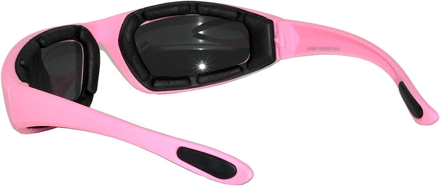 Womens Pink Smoke Lens Padded Foam Motorcycle Biker Glasses Goggles 99% Uv Protection