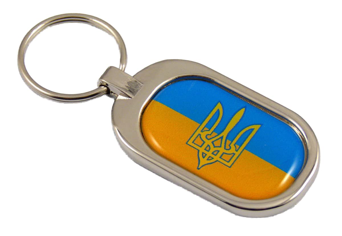 Ukraine Flag Key Chain Metal Chrome Plated Keychain Key Fob Ukrainian Tryzub