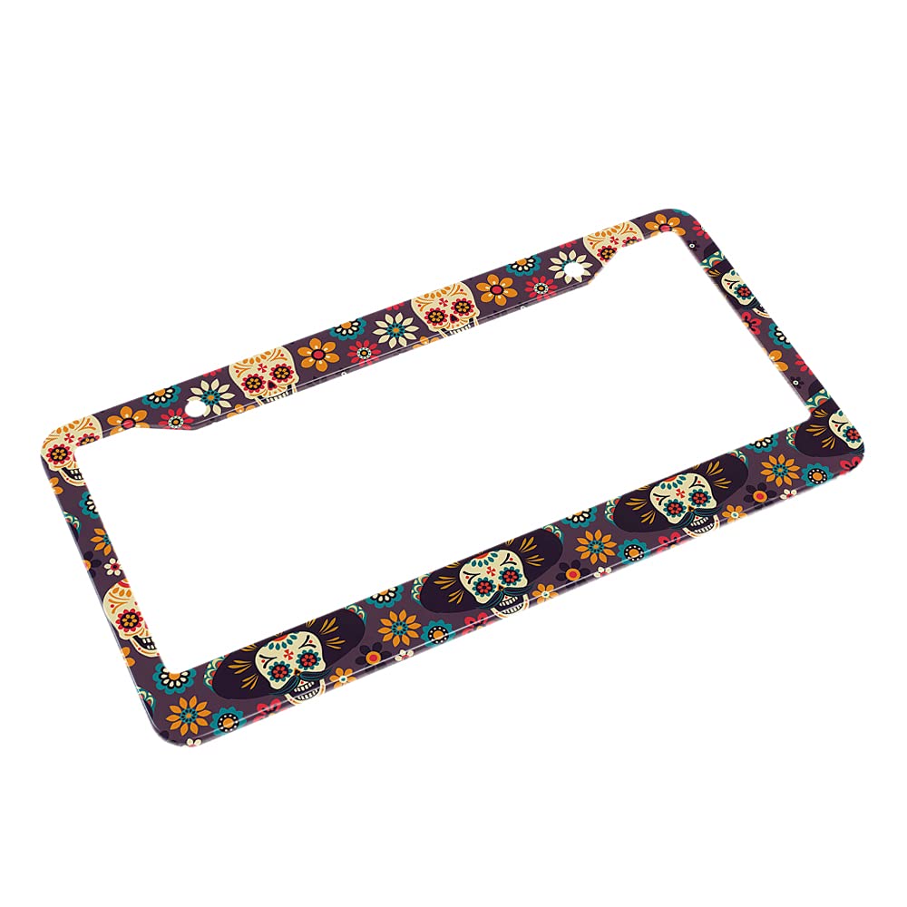 Beabes Sugar Skull And Flowers License Plate Frame Dead Skull Novelty License Plate Frame Gothic Pattern License Plate Car Tag H